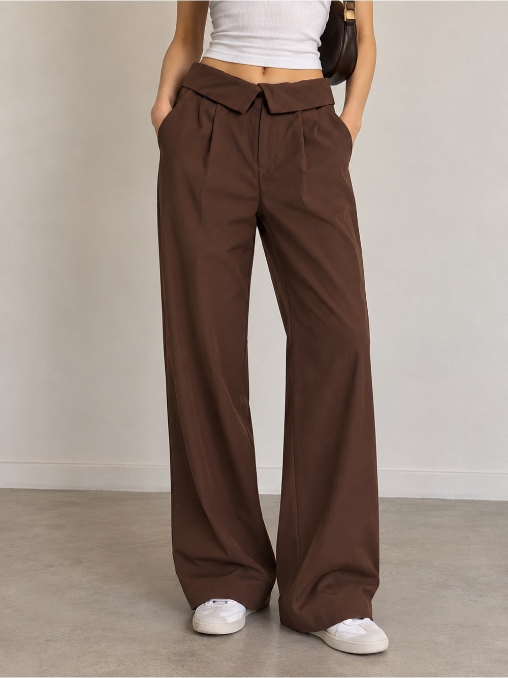 Brown Wide Leg Trousers with Fold-over Waist